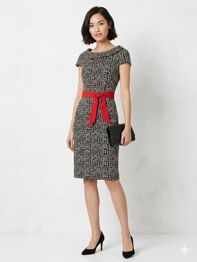 madison leigh Black and White Patterned Midi Dress with Red Waist Tie